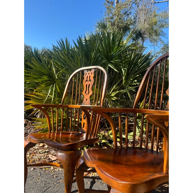 Wood Pair of Antique English Windsor Armchairs With Cabriole Legs & Hand Carved Splat – Beautiful Patina For Sale - Image 7 of 10