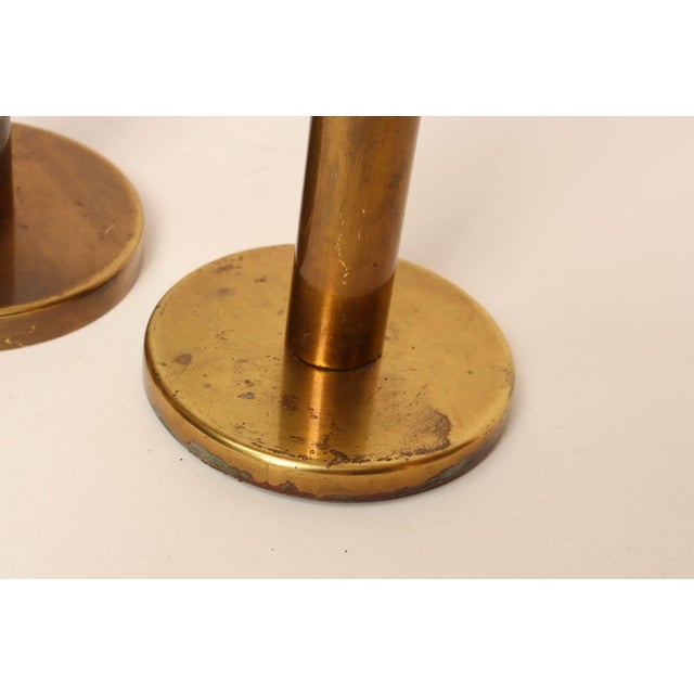 Set of Two Vintage Patinated Brass Candlesticks With Cork Bases For Sale - Image 17 of 18