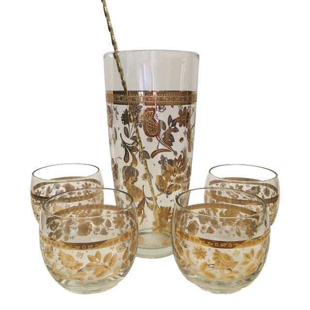 Mid-Century Modern Culver Chantilly Mixer Set With Four Roly Poly Glasses. Very Retro! For Sale
