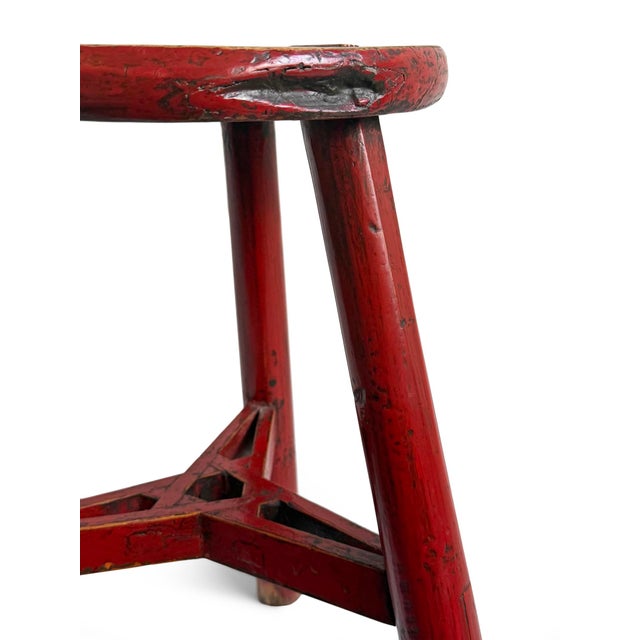 Farmhouse Vintage Red Farmhouse Round Wood Stool For Sale - Image 3 of 4