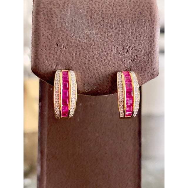 Princess Cut Natural Ruby and Diamond Stud Post Earrings 14 Karat Yellow Gold For Sale - Image 17 of 18