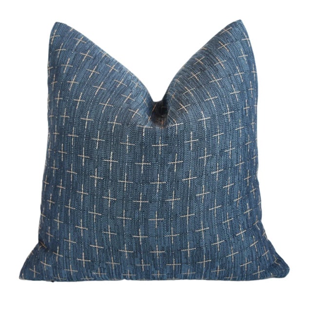 2020s Contemporary Blue & Gold Linen Feather/Down Pillow 18” Square For Sale - Image 5 of 7