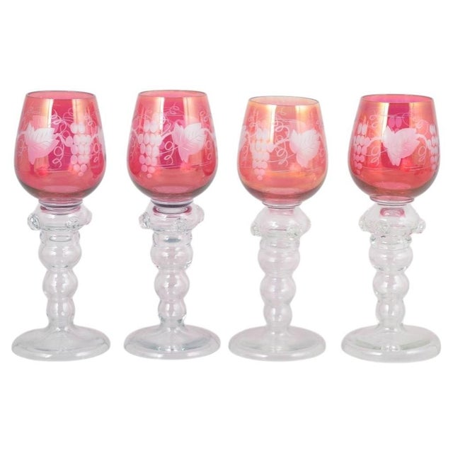 1940s Bohemian Crystal Red Wine Glasses with Flowers and Grapes Motif, 1940s, Set of 4 For Sale - Image 5 of 5
