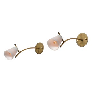 Italian Brass Wall Sconces with Opaline Glass Conical Shades, 1950s, Set of 2 For Sale