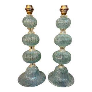 Early 21st Century Modern Aqua Murano Ball Form Lamps - a Pair For Sale