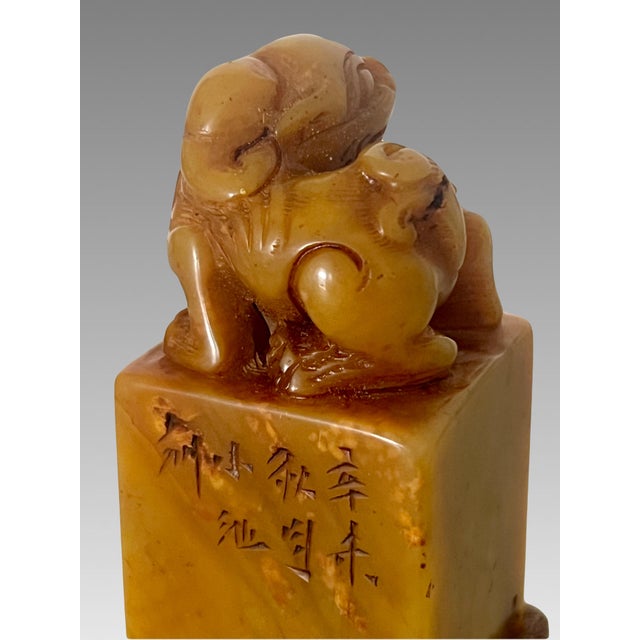 Old Chinese Shoushan Stone Pi Xiu Dragon Seal, Stamp, Tianhuang, Raw Silk Stand & Wood Box For Sale In Tampa - Image 6 of 15