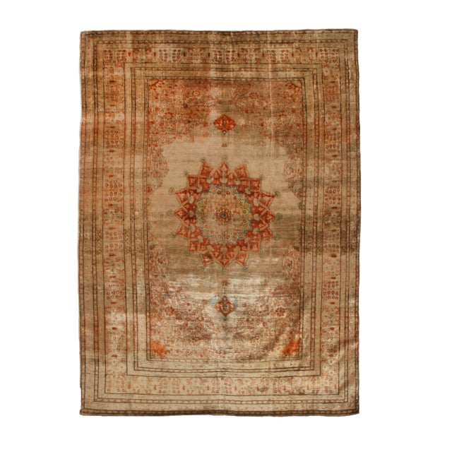 1910s Antique Tabriz Beige Brown and Blue Wool Persian Rug- 4′ × 5′9″ For Sale