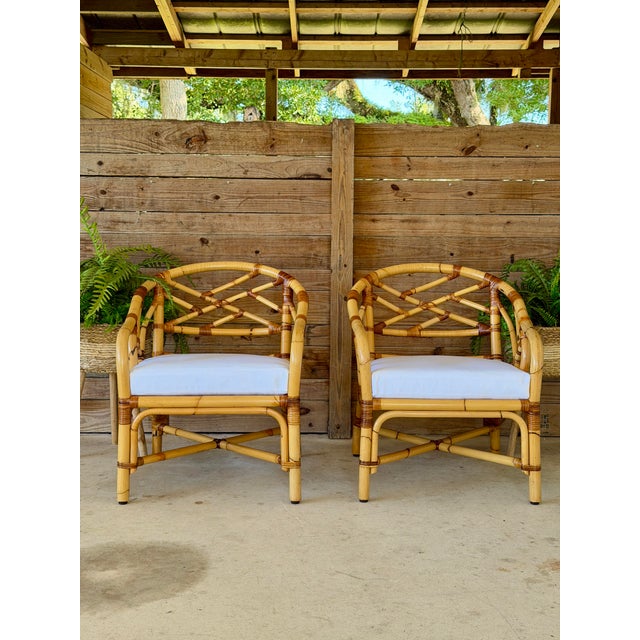 Mid-Century Rattan Barrel Lounge Chairs With New Sunbrella Cushions-Pair For Sale - Image 12 of 12
