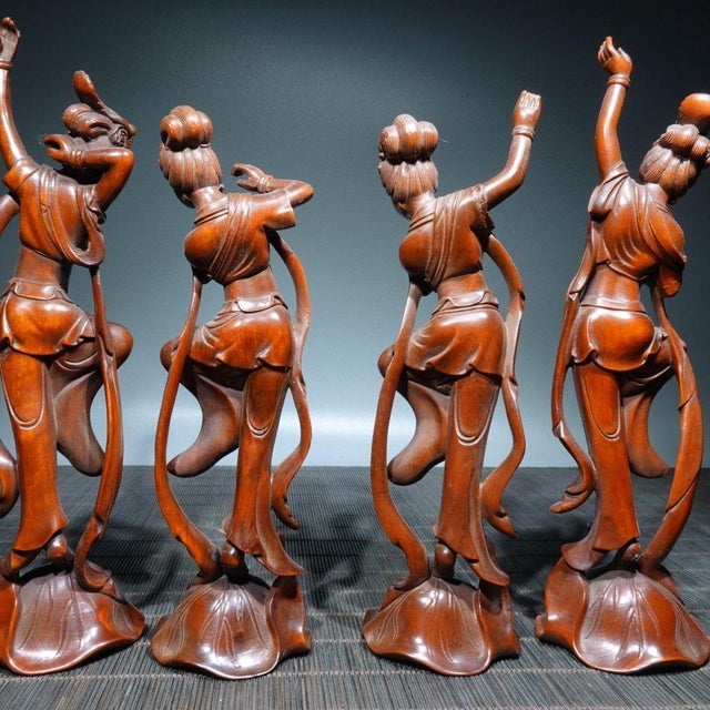 Set of 4 Vintage Chinese Boxwood Dancing Figures | Carved Musician Statues For Sale In Los Angeles - Image 6 of 9
