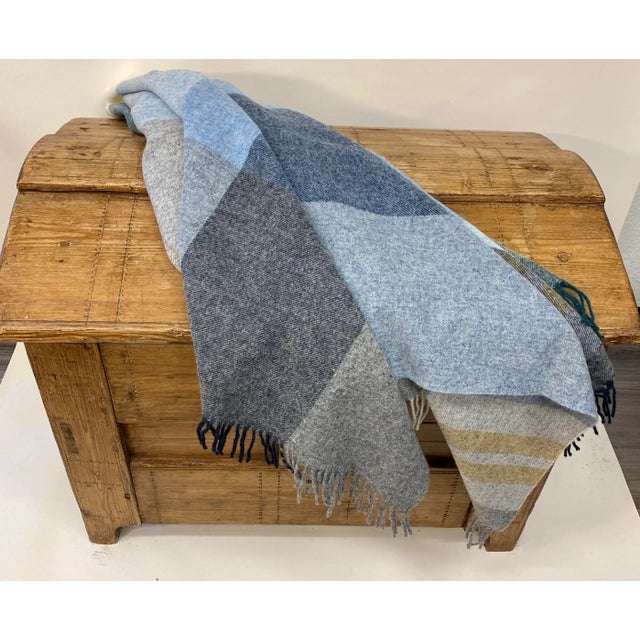 Merino Lambswool Throw in a Modern Blue and Gray Large Block Plaid Pattern -Made in England For Sale - Image 9 of 11