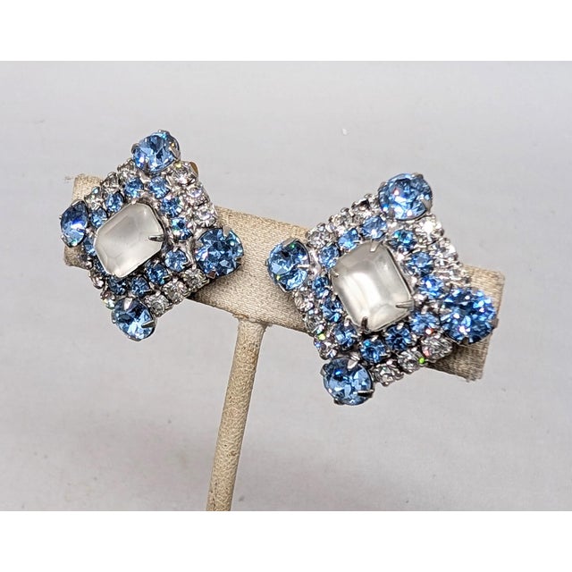 1960s Vintage 1960s Signed Hobe Frosted, Clear & Blue Rhinestone Clip Earrings-2 Pieces For Sale - Image 5 of 7