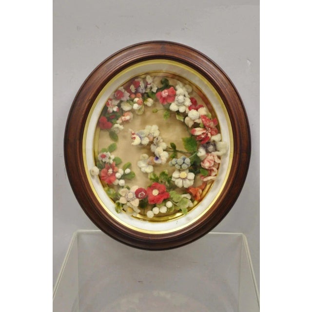 Early 20th Century Victorian Oval Mahogany Shadow Box Frame Felt Cotton Flower Mourning Wall Wreath For Sale - Image 11 of 11