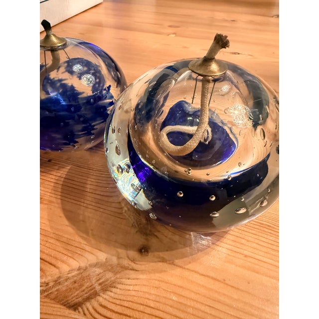 Mid-Century Modern Vintage Cobalt Blue Bullicante Art Glass Sphere Oil Lamps – A Pair For Sale - Image 3 of 4