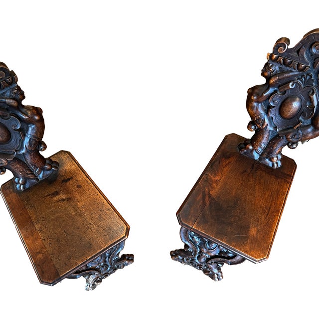 Brown Pair of 19th Century Italian Renaissance Revival Carved Walnut Sgabello Chairs For Sale - Image 8 of 9