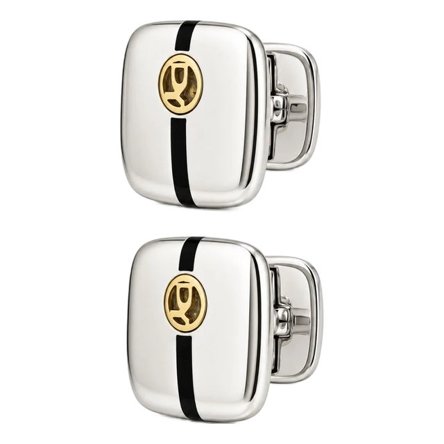 18K Gold David Yurman Estate Sterling Silver Enamel Logo Cufflinks For Sale