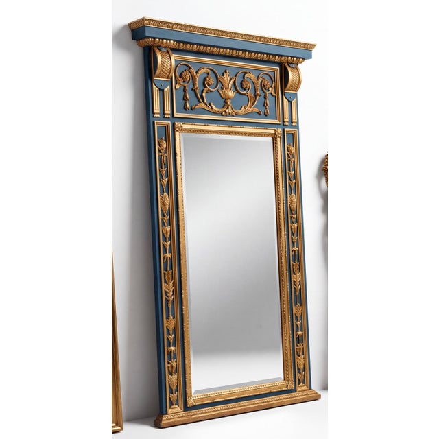 Blue Monumental Italian Neoclassical Louis XVI Style Blue & Giltwood Trumeau Wall Mirror For Sale - Image 8 of 9