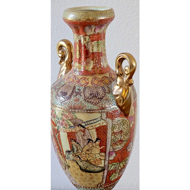 Paint Vintage Japanese Satsuma Hand-Painted Moriage Urn Vase - 16.5” Tall For Sale - Image 7 of 17