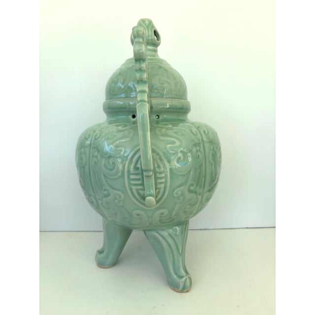 1970s Large Celadon Glazed Chinese Tripod Lidded Censer For Sale - Image 11 of 11