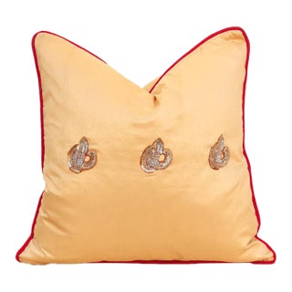 Naz Silk Blend Gold Zardozi Silk Pillow, Peacock Motif For Sale