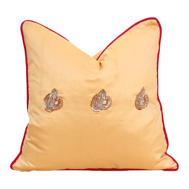 Naz Silk Blend Gold Zardozi Silk Pillow, Peacock Motif For Sale