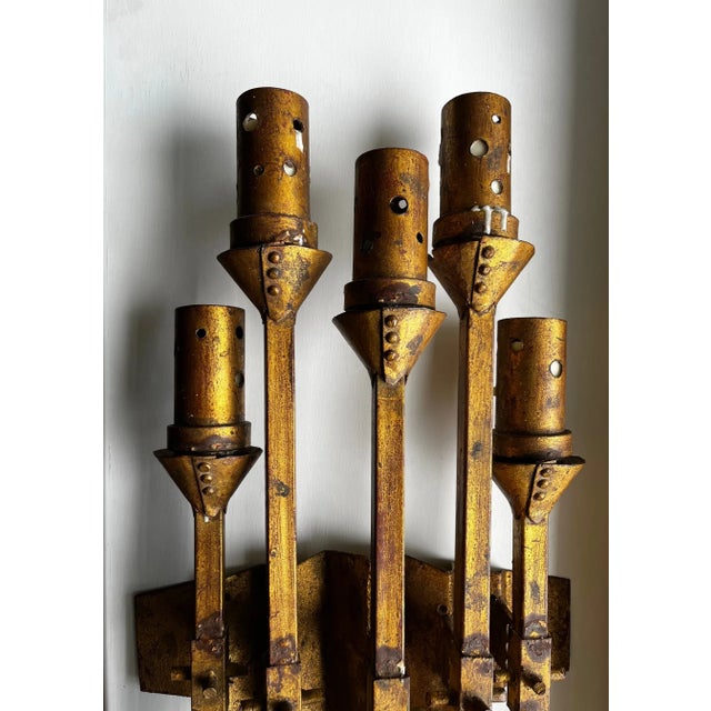 Brutalist Wrought Iron Spanish Wall Sconce in Gilt Tole For Sale - Image 11 of 11