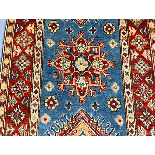 Blue and Rust Red Kazak Wool Runner Rug, Tribal Hallway Rug, 2'6" X 10'6" For Sale - Image 9 of 17