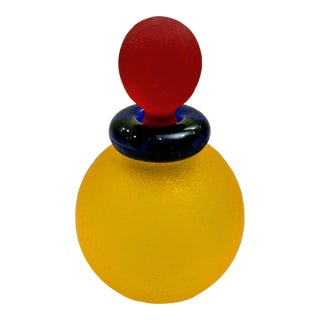 Signed Franco Moretti Vintage Scavo Murano Glass Bottle Yellow /Blue With Red Stopper For Sale