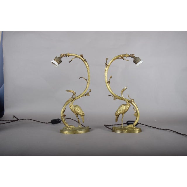 Art Deco Gilt Bronze Sculpted Crane Table Lamps with Branch and Leaf Stems, Europe, 1930s, Set of 2 For Sale - Image 9 of 17