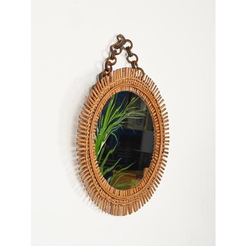 Wood Round Rattan and Bambo Mirror with Chain attributed to Franco Albini, Italy, 1960s For Sale - Image 7 of 13
