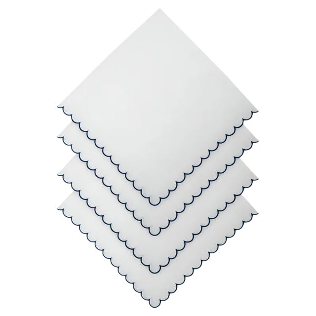 BILBAO White/Navy Embroidered Linen Napkin from Los Encajeros For Sale