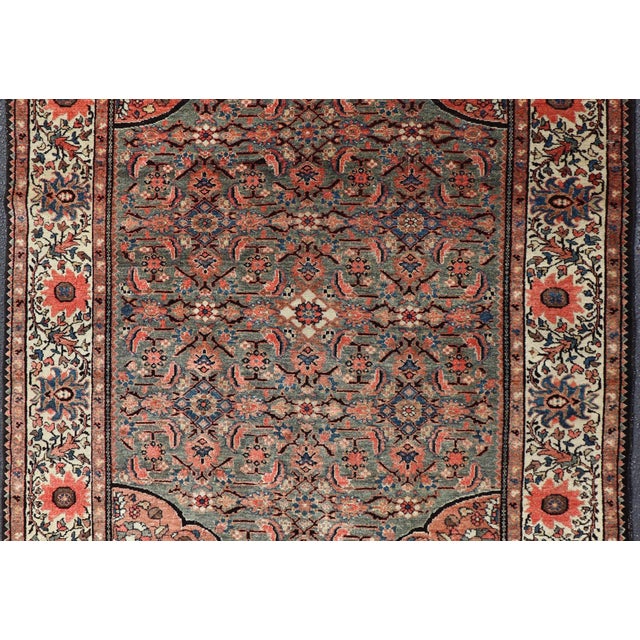 Antique Persian Malayer Rug With Teal Field and Coral Spandrel Design 4'7 X 6'3 For Sale - Image 4 of 11