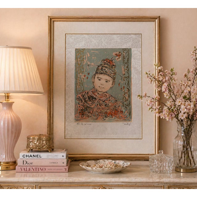 Contemporary 1970s Edna Hibel "Young Manchu on Silk" - Li271 XII 3/12 Ed 475 - Signed Lithograph - 12 X 17.5 - Child Portrait Unframed For Sale - Image 3 of 11