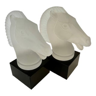 Frosted Glass Horse Head Bookends with Black Glass Base in the Style of Lalique - A Pair For Sale