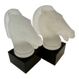 Frosted Glass Horse Head Bookends with Black Glass Base in the Style of Lalique - A Pair