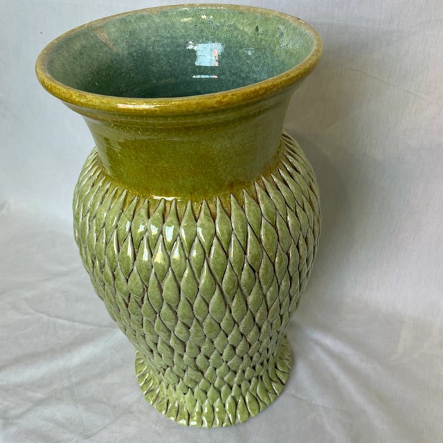 1990s Italian Hand Painted Green/Honey Ceramic Tall Vase For Sale - Image 10 of 11