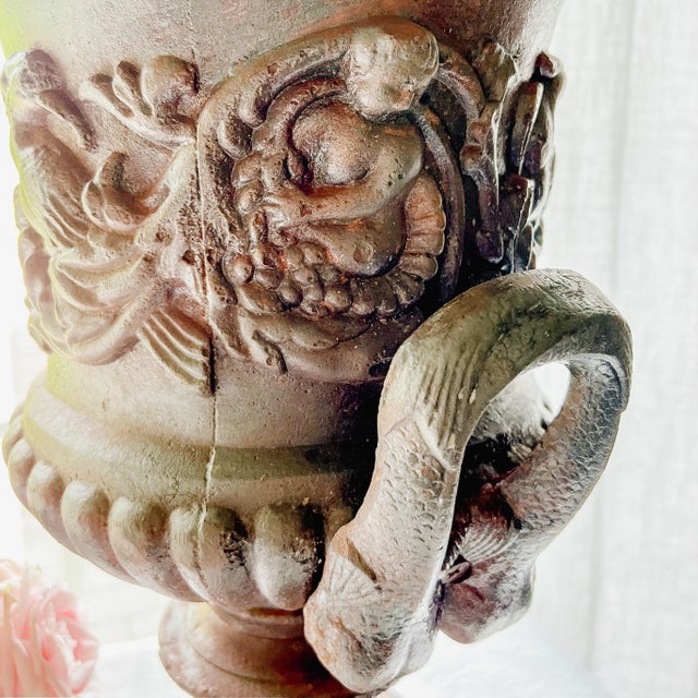 1900 - 1909 Large Ornate Antique French Cast Iron Urn With Cherub and Pheasant Design For Sale - Image 5 of 11