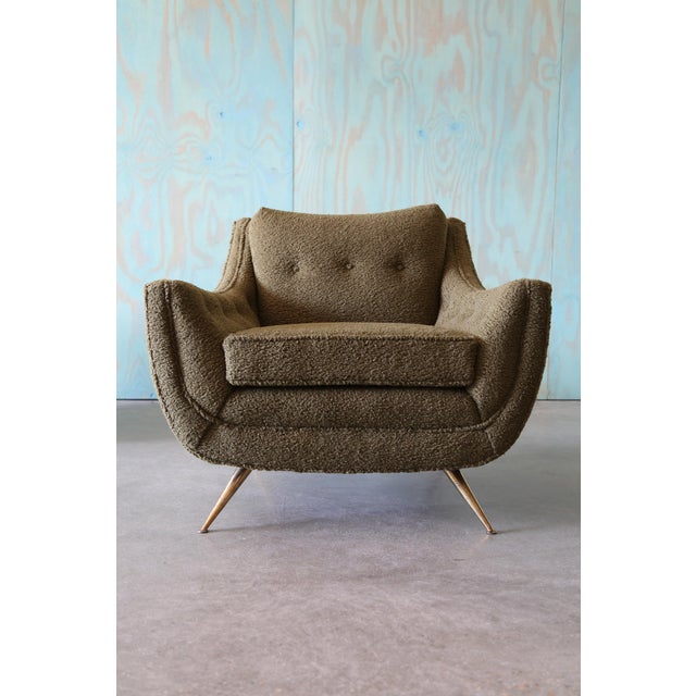 Metal 1950s Pair of Green Lounge Chairs Green Boucle Brass Mid Century Modern Attributed to Henry P Glass For Sale - Image 7 of 16