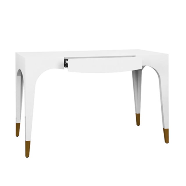 Contemporary Matthew Izzo Home Mandi Glossy White Lacquer One Drawer Desk With Antique Brass Foot Caps For Sale - Image 3 of 7
