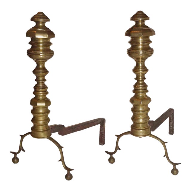 Andirons Antique Brass With Spurred Cabriole Legs and Ball Feet - A Pair For Sale