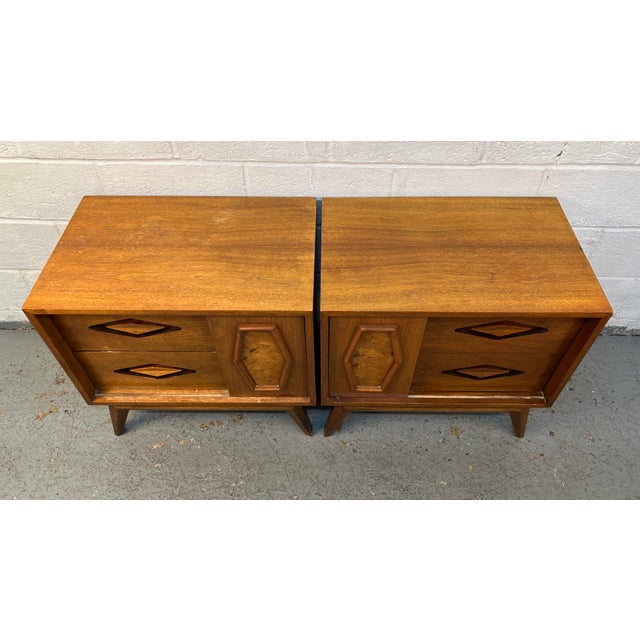 Mid 20th Century Unique Mid-Century Walnut & Burl Diamond Front Night Stands For Sale - Image 5 of 15