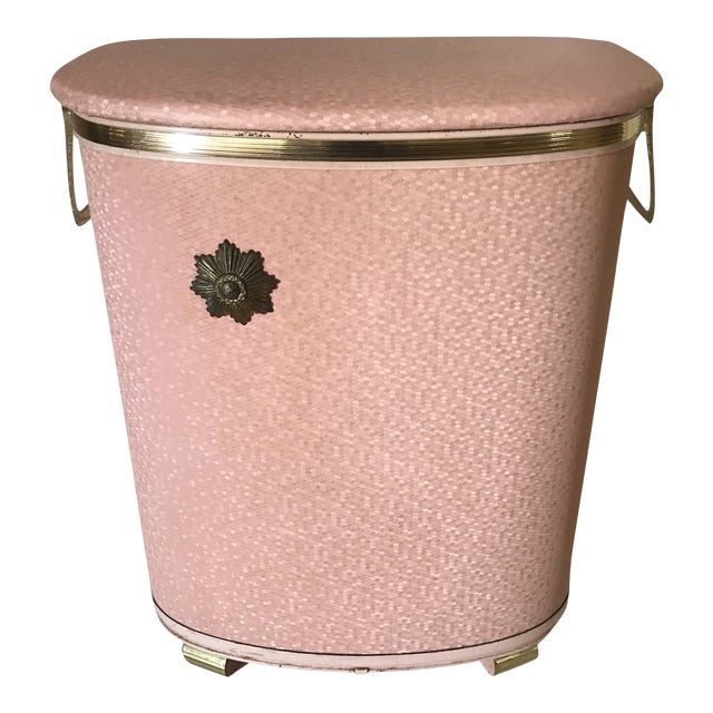 MidCentury Pink & Gold Pearl Wick Laundry Hamper with Starburst Emblem