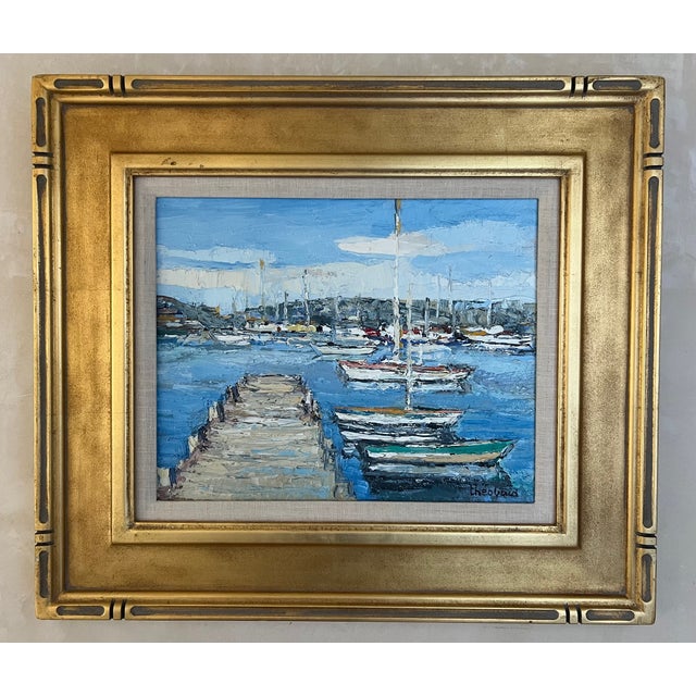 Blue Vintage French Impressionist Painting by Renee Theobald W/ Gilt Frame For Sale - Image 8 of 11