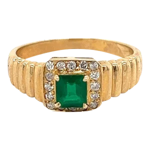 Natural Square Cut Emerald and Round Diamond Halo in 14k Ribbed Gold Ring, Size 7