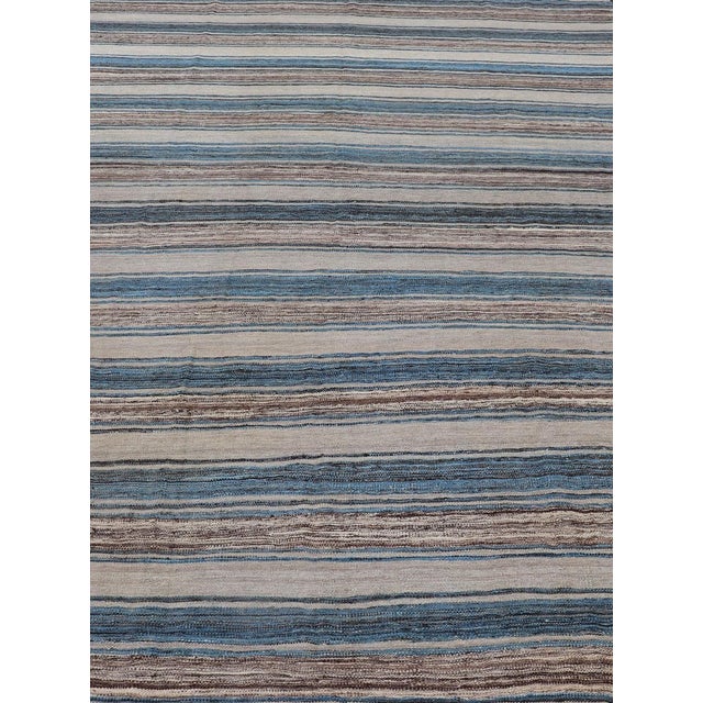 Versatile Striped Design and Natural Brown, Cream, and Blue Flat-Weave Kilim 7'9 X 11'10 For Sale - Image 4 of 15