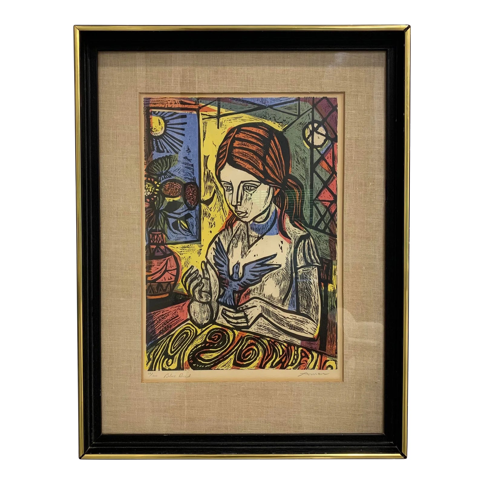 1960s Irving Amen Signed Wood Cut Print Titled “Blue Bird” No. 68