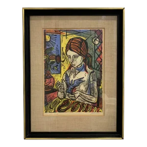 1960s Irving Amen Signed Wood Cut Print Titled “Blue Bird” No. 68/200
