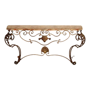 Mid 20th Century Rococo Style Custom Wrought Iron Marble Top Console Table