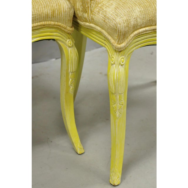 Yellow Vintage French Hollywood Regency Yellow Tufted Drape Carved Side Chairs - A Pair For Sale - Image 8 of 16