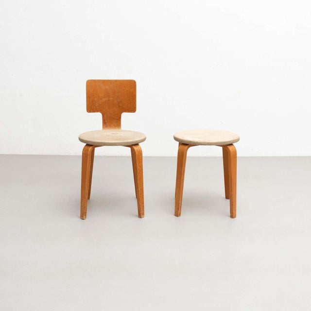 Set of Plywood and Upholstery Chair and Stool attributed to Cor (Cornelius Louis) Alons for Den Boer For Sale - Image 3 of 18
