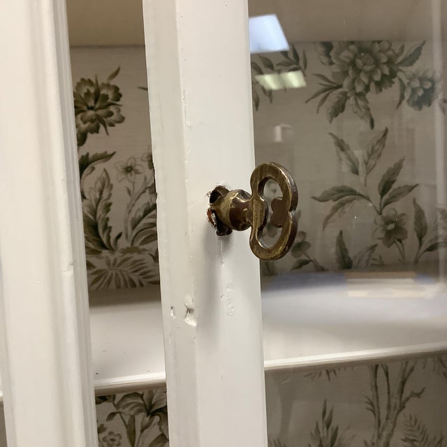 French Country Painted Canvas Off White Wood China Cabinet Drexel Floral Bird Wallpaper Backing For Sale - Image 3 of 12